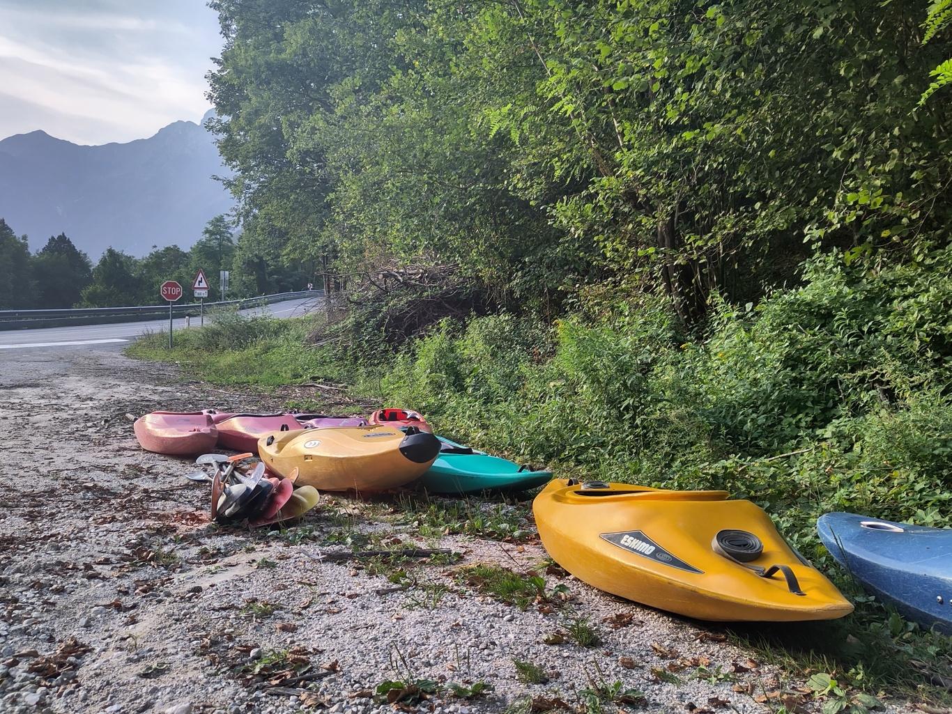 Whitewater kayaks basking in the evening sun