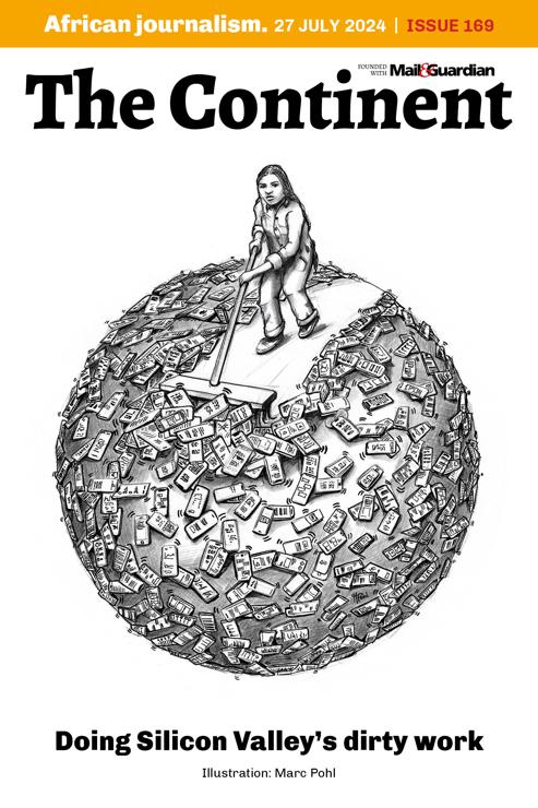 The cover of issue 169 of The Continent by Marc Pohl depicts a data worker with long hair, wearing a collared shirt and jeans, sweeping a globe covered in cellphones. The picture is drawn in black and white and shows the headline: "Doing Silicon Valley's dirty work"