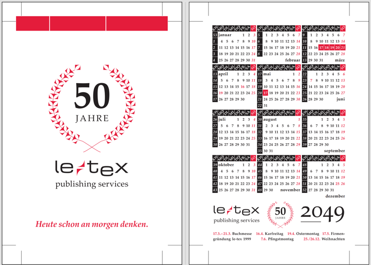 DIN-A6-Kalender von 2049 mit einem stilisierten Ährenkranz aus le-tex-Logo-Bestandteilen (der Serife) und 2 gesondert markierten Ereignissen: Buchmesse vom 17.–21.3. und 50. Firmengeburtstag am 17.5.