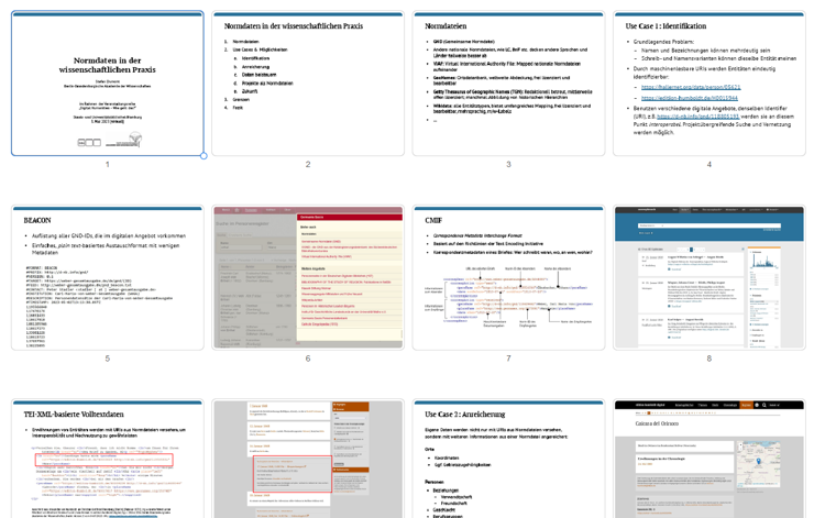 Der Screenshot zeigt etwa 12 Folien nebeneinander, beginnend mit der Titelfolie des Vortrags. Mehrere Textfolien und Screenshots sind zu erkennen.
