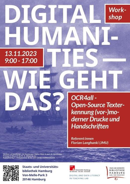 Plakat zum Workshop: Lila eingefärbte historische Aufnahme des Hamburger Hafens mit dem Workshop-Titel: OCR4all – Open-Source Texterkennung (vor-)moderner Drucke und Handschriften