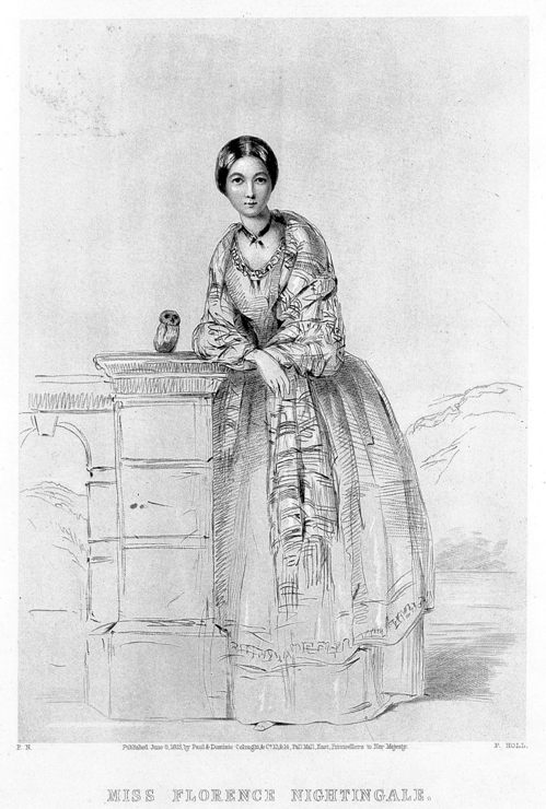 Engraving of Florence Nightingale and a very very smol owl standing next to her on a plinth.