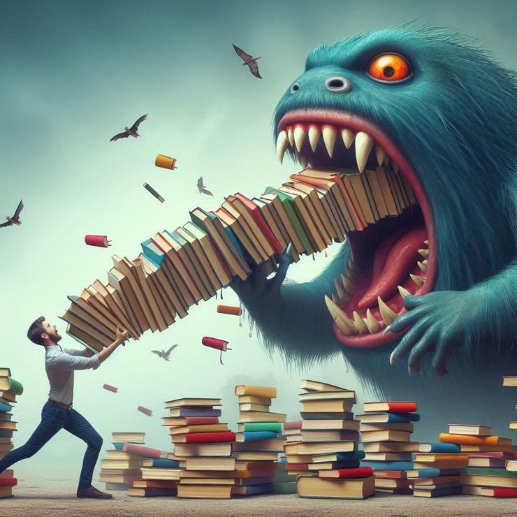 AI-generated image of a man stuffing an improbably tall stack of books into a large green monster with fierce red eyes and large fangs, as vultures circle overhead.

Yes, this image is AI-generated.  I thought that was appropriate, in a darkly humorous way.