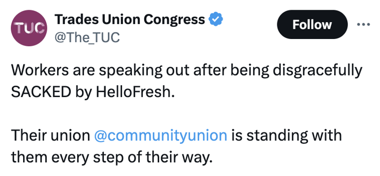 Workers are speaking out after being disgracefully SACKED by HelloFresh.

Their union @communityunionis standing with them every step of their way.

https://x.com/The_TUC/status/1852383632716869814