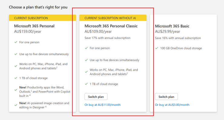 A screenshot from the Microsoft 365 subscription website, highlighting a "Current subscription without AI" option, which is A$109/year, instead of the $159/year option with Copilot and AI nonsense.