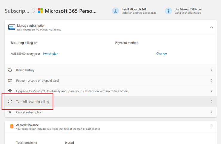 Screenshot from the Microsoft 365 subscription page, showing the "Turn off recurring billing" item as highlighted.